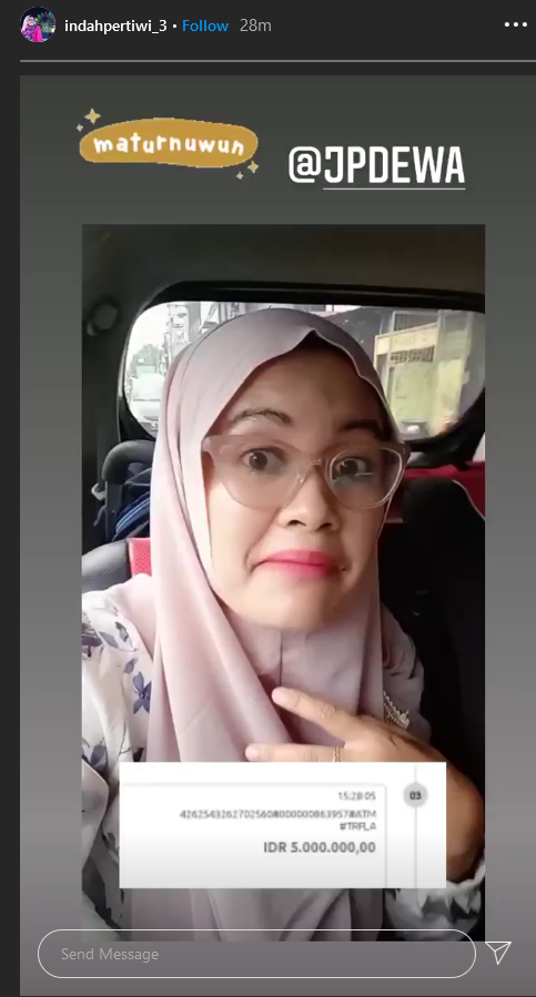 Instagram indahpertiwi_3 Juara 1 dan memberikan Testimoni Pemenang Lomba Nyinyir 